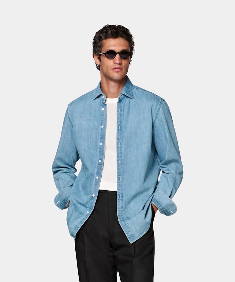 SUITSUPPLY 이집션 코튼 데님, Canclini, 이탈리아 미드 블루 데님 셔츠