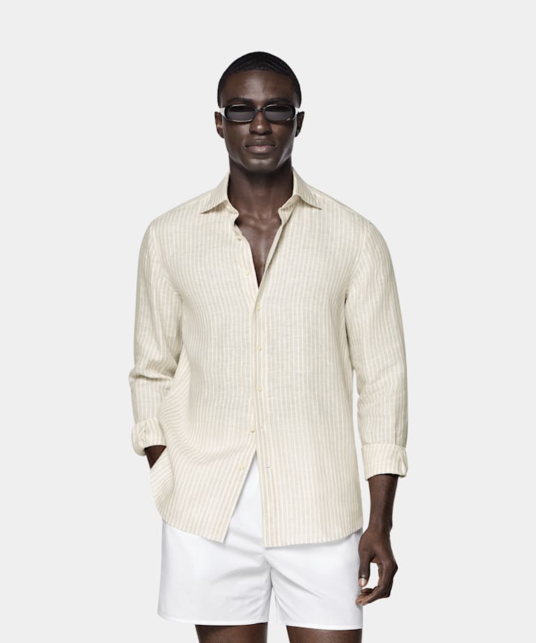 SUITSUPPLY Pure Linen by Baird McNutt, United Kingdom Light Brown Striped Linen Shirt