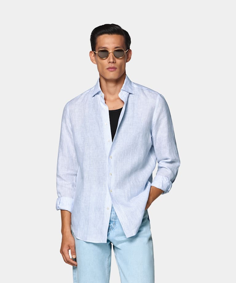 SUITSUPPLY Pure Linen by Baird McNutt, United Kingdom Mid Blue Striped Linen Shirt