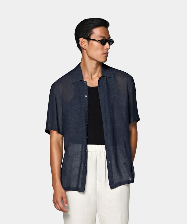 SUITSUPPLY Viscose Linen by Emmetex, Italy Navy Viscose Linen Short Sleeve Shirt