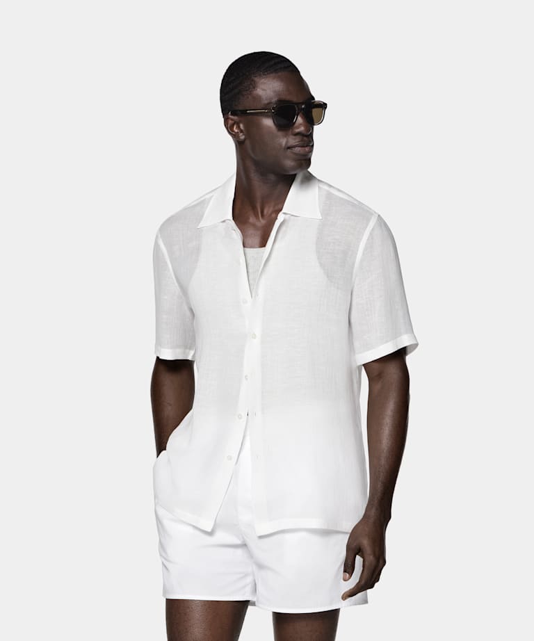 SUITSUPPLY Viscose Linen by Emmetex, Italy Off-White Viscose Linen Short Sleeve Shirt
