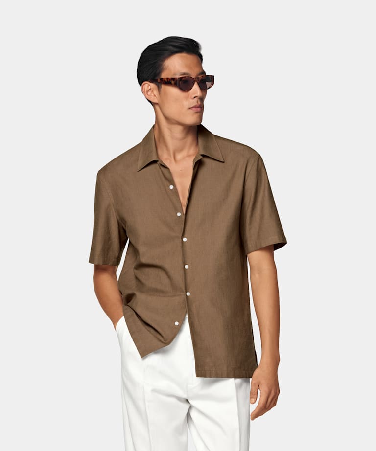 SUITSUPPLY Pure Cotton - Sidogras, Espagne Mid Brown Cotton Short Sleeve Shirt