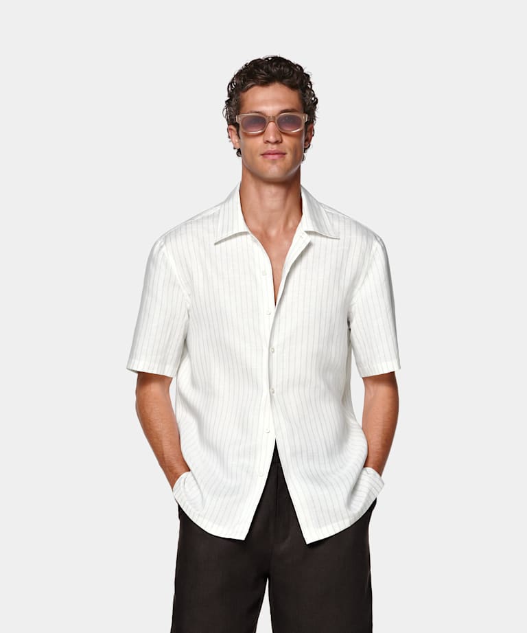 SUITSUPPLY Linen Lyocell - Testa 1919 Srl, Italie Light Grey Striped Linen Lyocell Short Sleeve Shirt