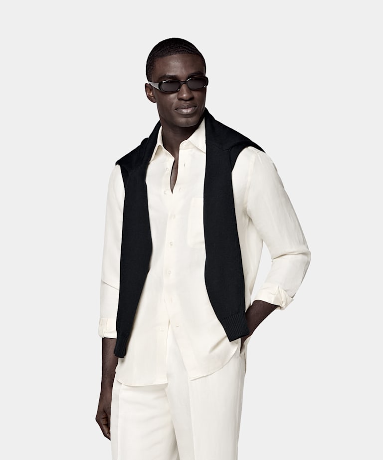 SUITSUPPLY 린넨 실크, Beste, 이탈리아 오프 화이트 린넨 실크 오버셔츠 또는 셔츠 자켓