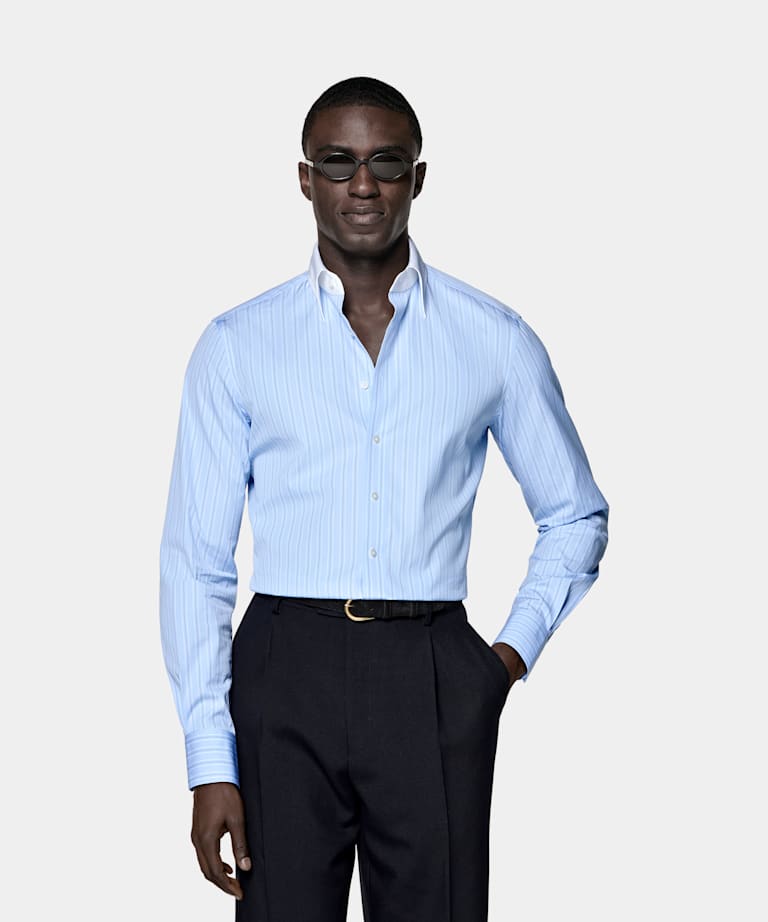 SUITSUPPLY Coton &eacute;gyptien - Thomas Mason, Italie Chemise &agrave; col &agrave; point rayures bleu clair