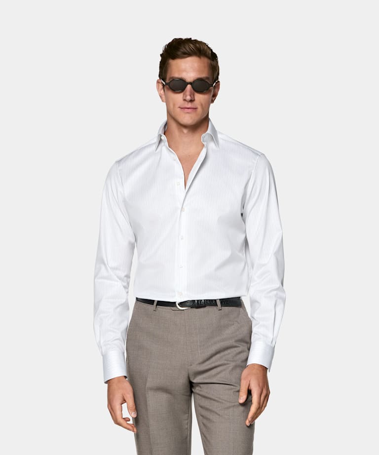 SUITSUPPLY Coton Pima sans repassage - Weba, Suisse Chemise &agrave; rayures gris clair avec grand col &eacute;vas&eacute;