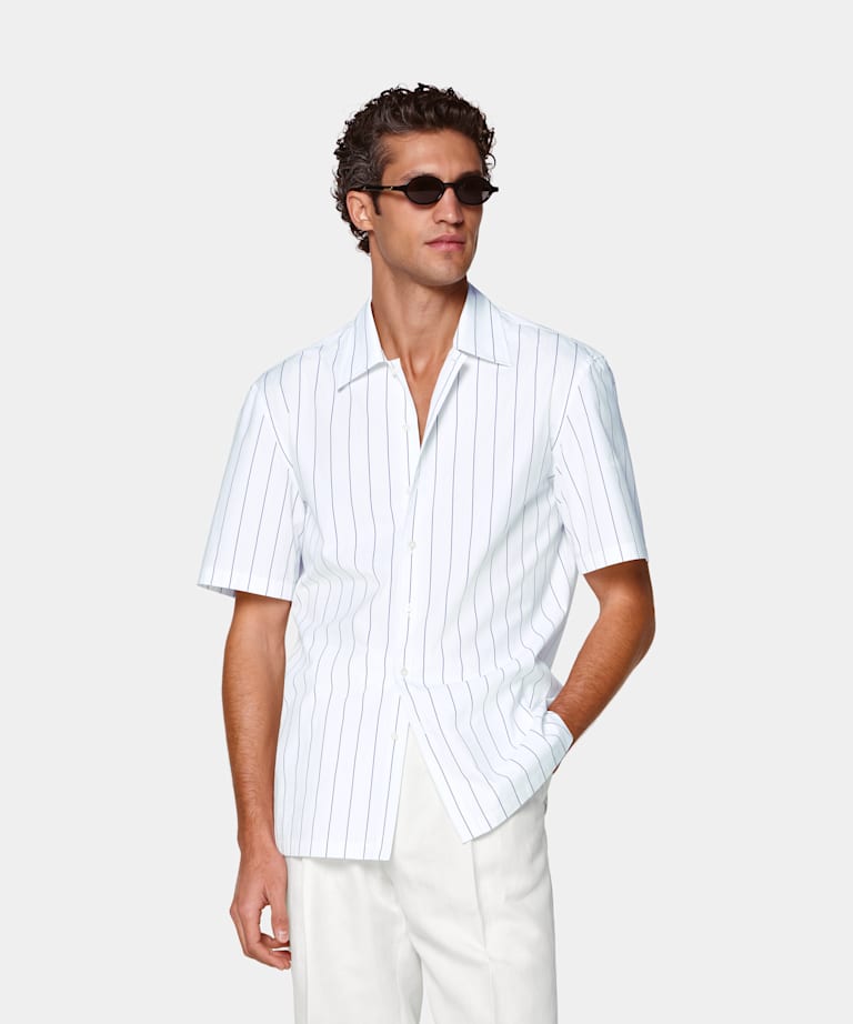SUITSUPPLY Pure Cotton by Alfatex, Italy Mid Blue Striped Cotton Short Sleeve Shirt