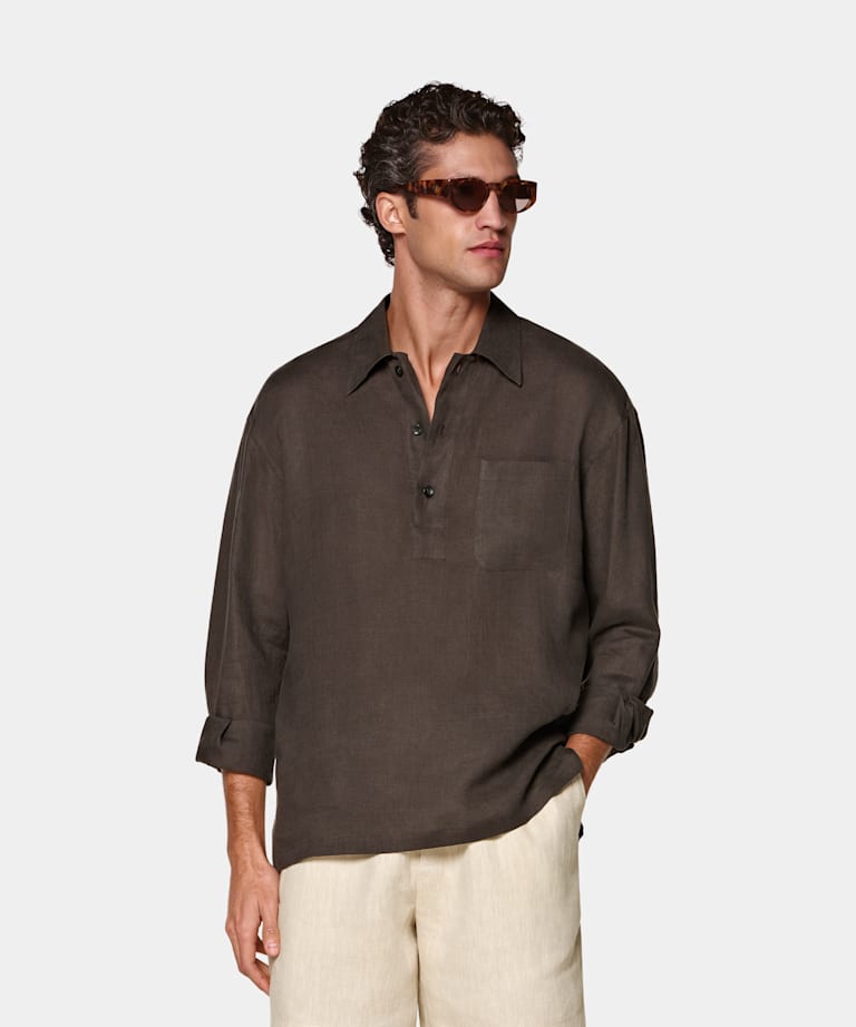 SUITSUPPLY Pur lin - Baird McNutt, Royaume-Uni Chemise popover en lin marron fonc&eacute;