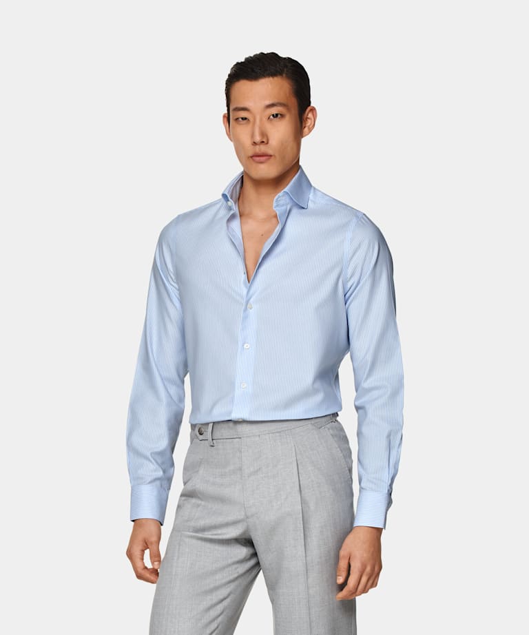 SUITSUPPLY Pure Cotton Traveller Light Blue Striped Oxford Extra Slim Fit Shirt