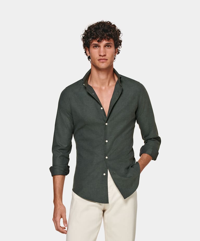 SUITSUPPLY Egyptian Cotton Flannel by Thomas Mason, Italy Green Slim Fit Shirt