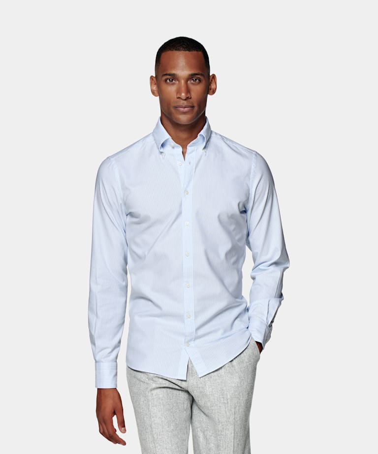 SUITSUPPLY Natural Stretch Egyptian Cotton by Albiate, Italy Light Blue Striped Slim Fit Shirt