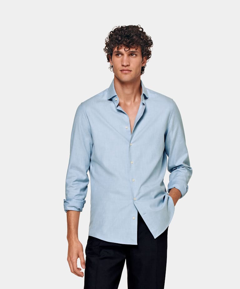 SUITSUPPLY 意大利 Thomas Mason 生产的埃及棉法兰绒面料 浅蓝色特别修身剪裁衬衫