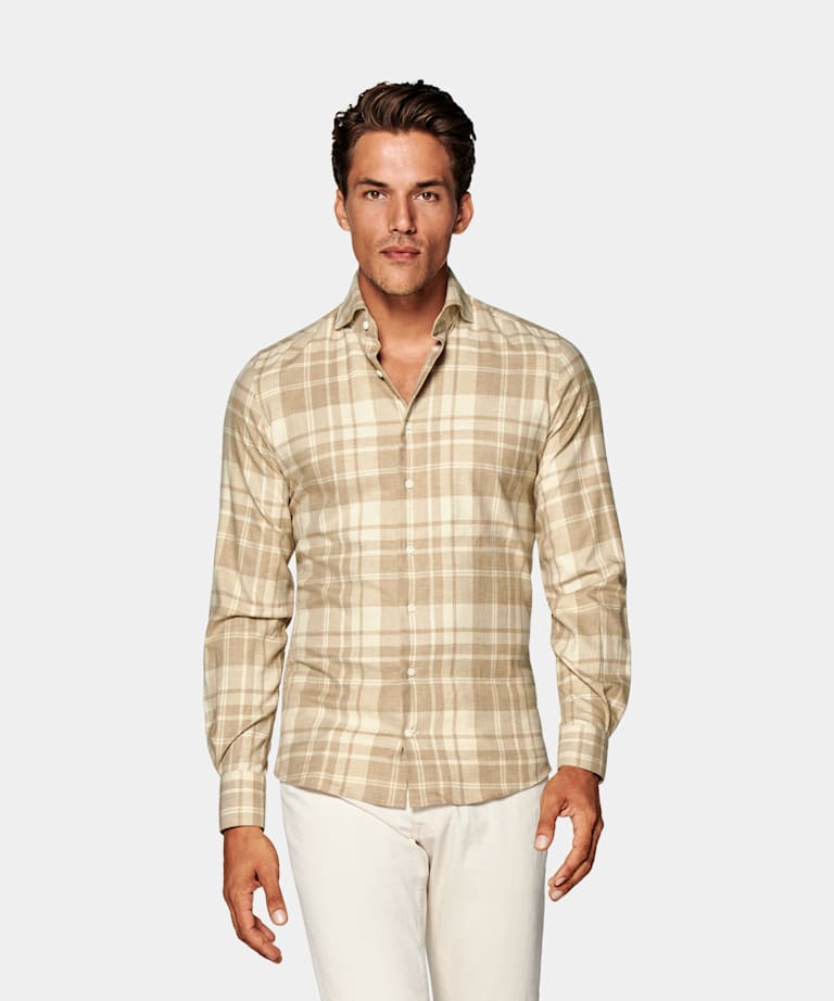 Light Brown Checked Twill Slim Fit Shirt
