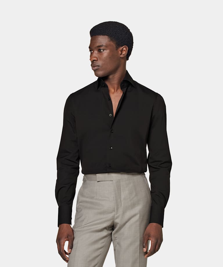 SUITSUPPLY Cotone stretch e poliammide - Reggiani, Italia Camicia marrone scuro popeline vestibilità extra slim