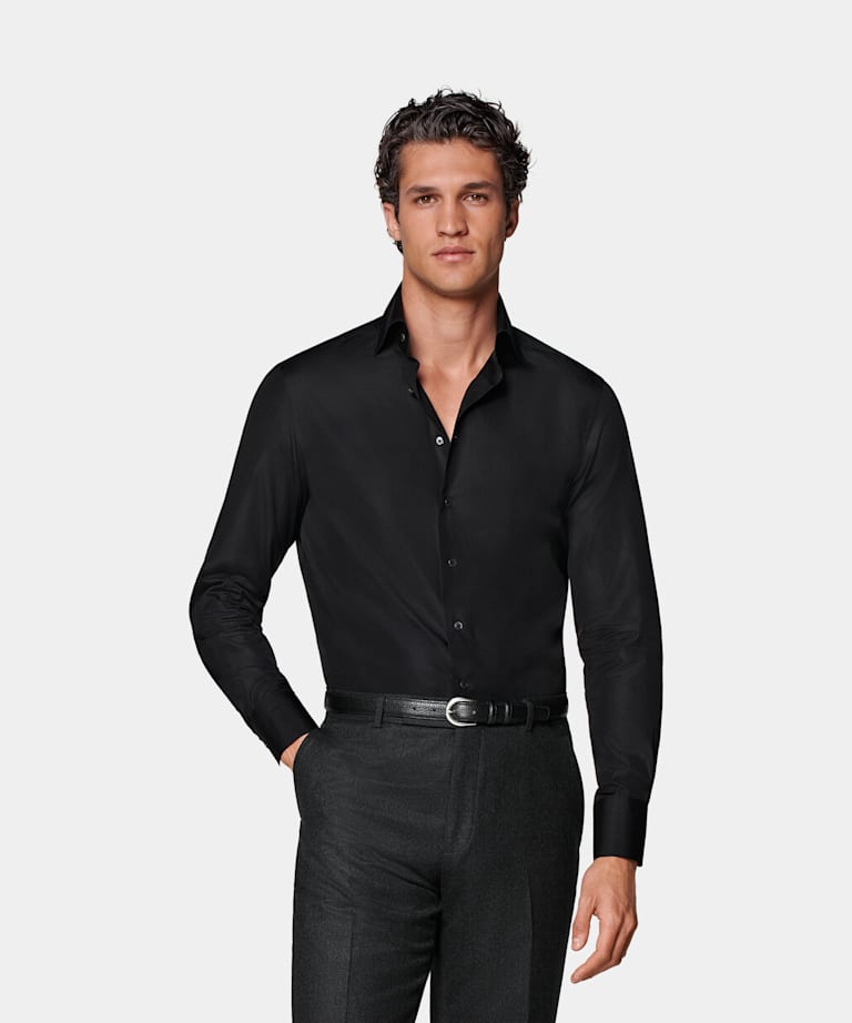 SUITSUPPLY Egyptian Cotton by Testa Spa, Italy Black Poplin Tailored Fit Shirt