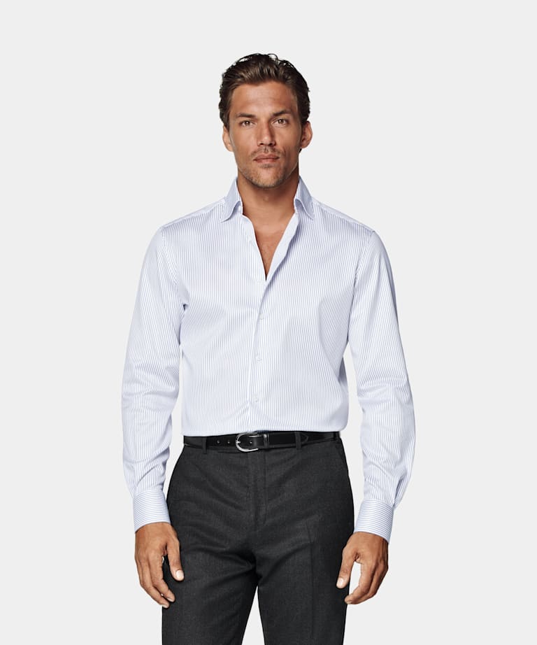 SUITSUPPLY Coton Pima Traveller - Weba, Suisse Chemise coupe Tailored en twill bleu marine à rayures