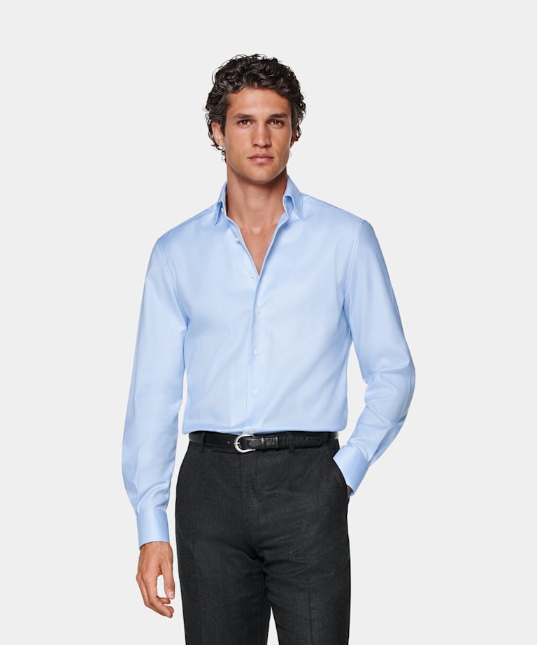 SUITSUPPLY Coton Pima Traveller - Weba, Suisse Chemise coupe Tailored bleu clair pied-de-poule