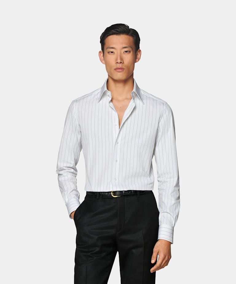 SUITSUPPLY Egyptian Cotton von Albini, Italien White Striped Large Classic Collar Tailored Fit Shirt