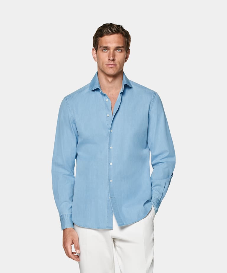 SUITSUPPLY Egyptian Cotton Denim by Albiate, Italy Light Blue Tailored Fit Shirt