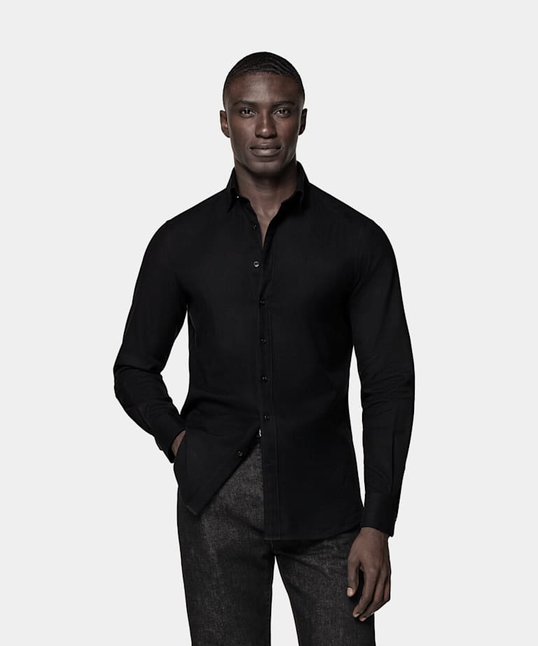 SUITSUPPLY Egyptian Cotton Flannel by Beste, Italy Black Tailored Fit Shirt