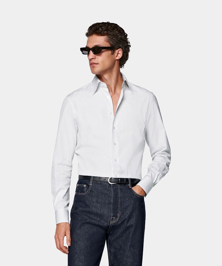 SUITSUPPLY 意大利 Thomas Mason 生产的埃及棉面料 白色条纹尖领衬衫