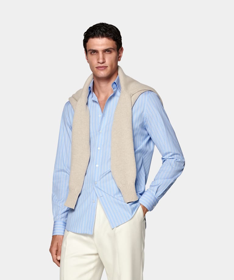 SUITSUPPLY Egyptian Cotton by Thomas Mason, Italy Blue Striped Point Collar Shirt