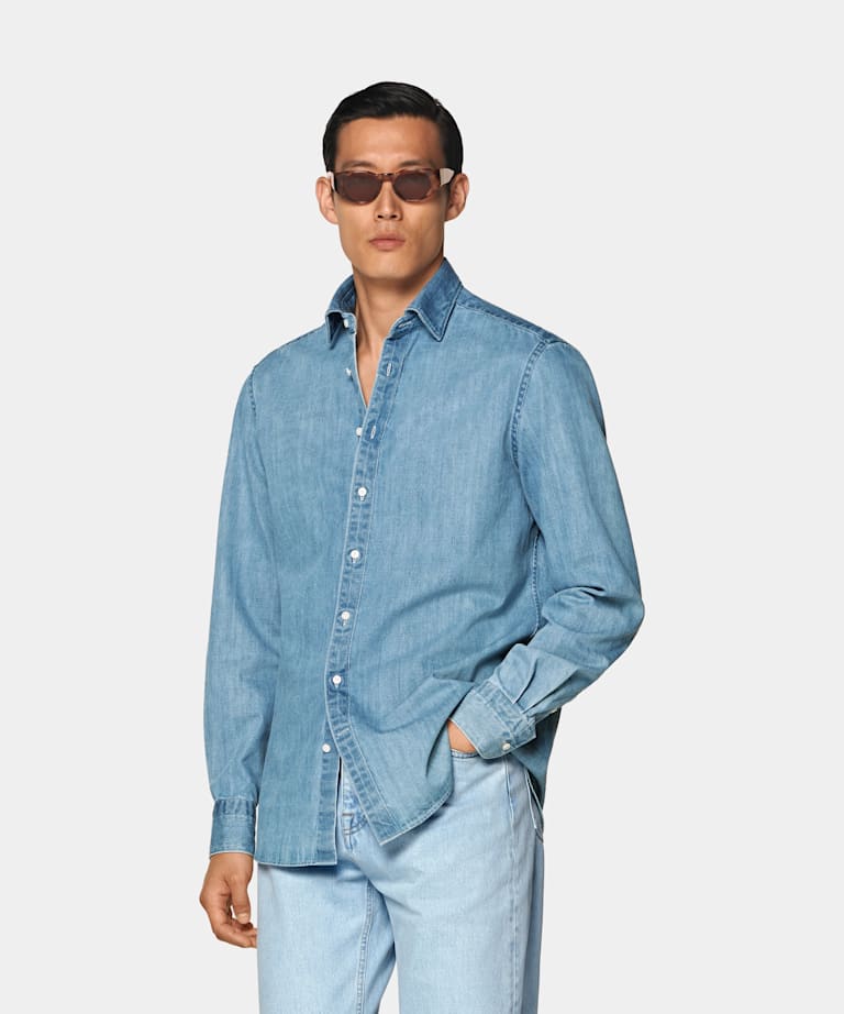 SUITSUPPLY Denim de algodón egipcio de Canclini, Italia Camisa de algodón azul intermedio