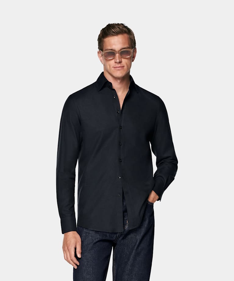 SUITSUPPLY Egyptian Cotton Flannel by Beste, Italy Navy Cotton Flannel Shirt