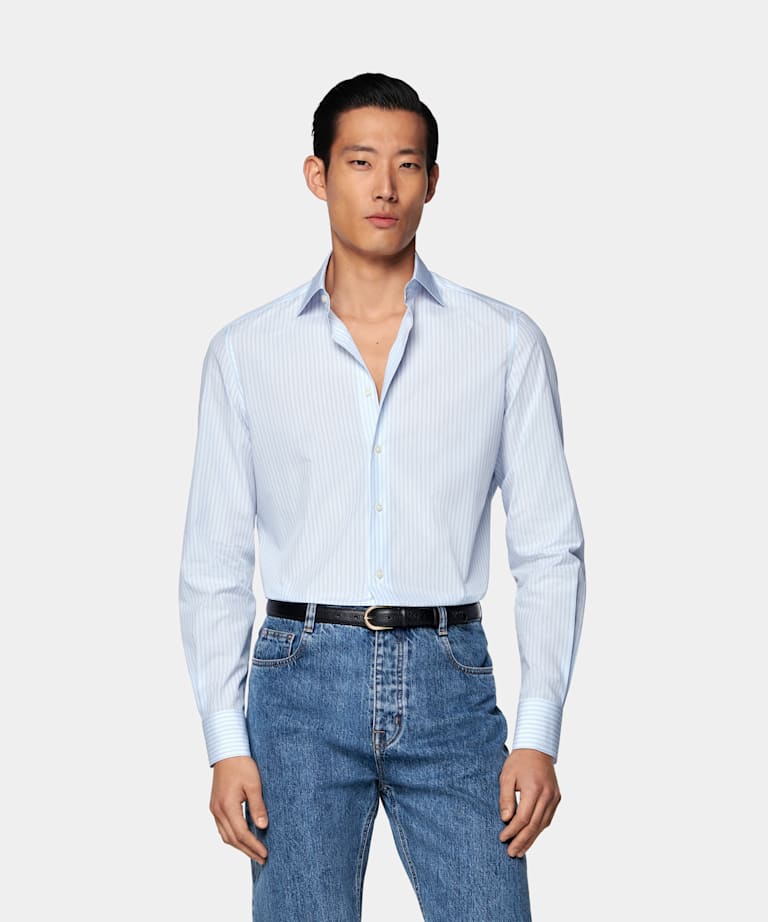 SUITSUPPLY Egyptian Cotton by Albini, Italy Light Blue Striped Widespread Collar Shirt