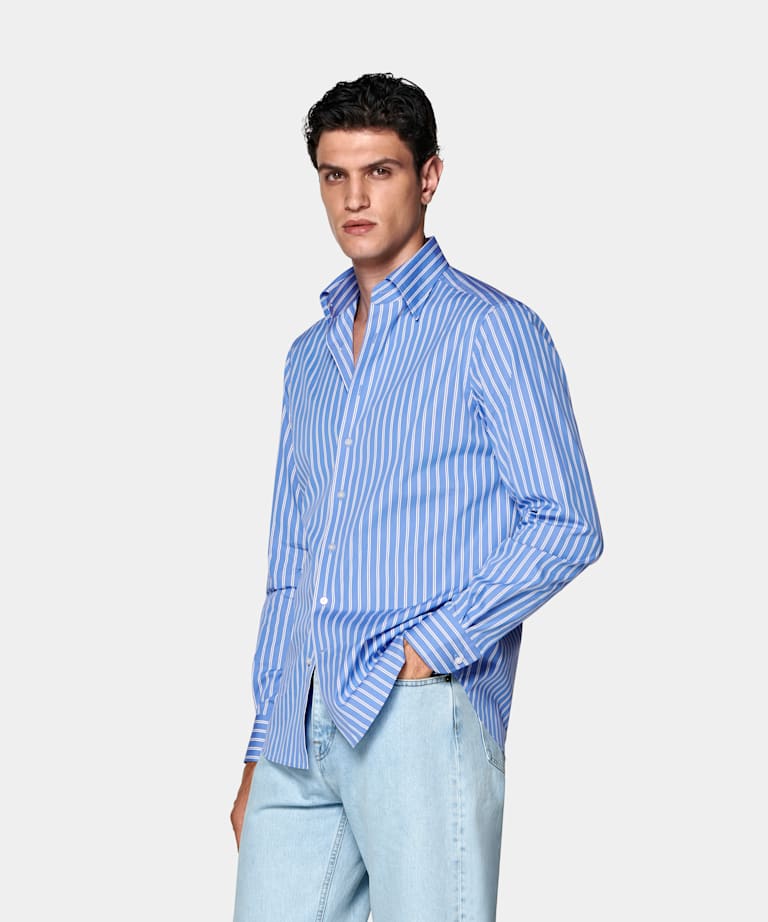 SUITSUPPLY Egyptian Cotton by Thomas Mason, Italy Blue Striped Point Collar Shirt