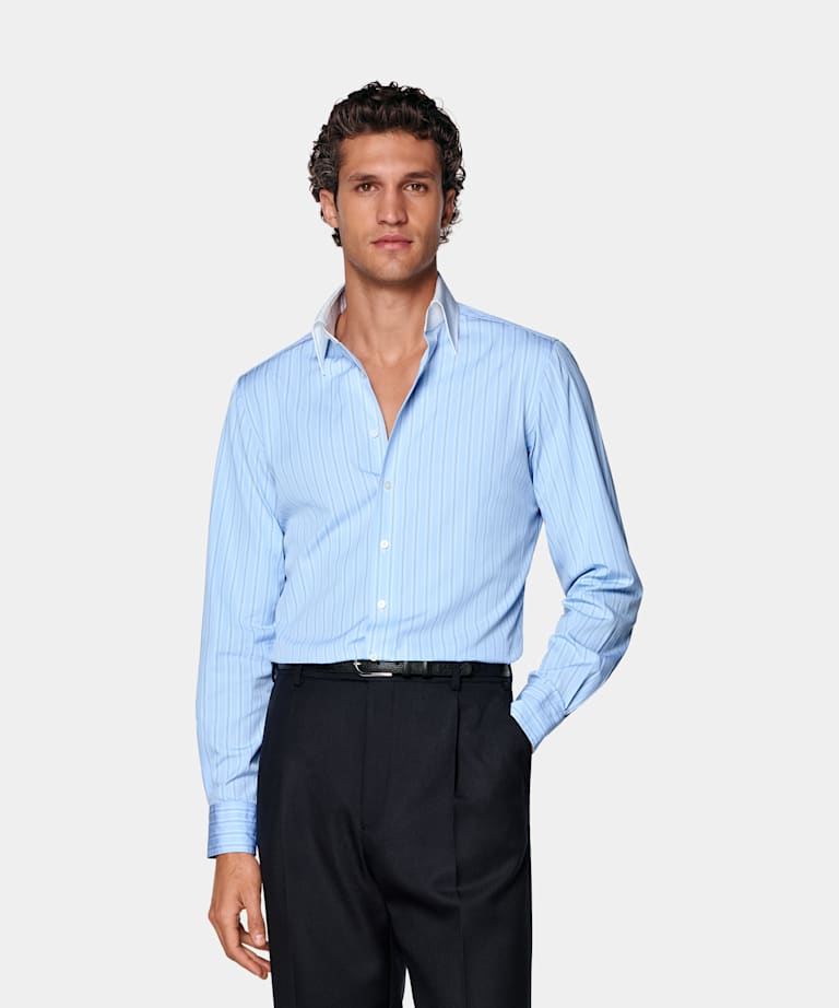 SUITSUPPLY Egyptian Cotton by Thomas Mason, Italy Light Blue Striped Point Collar Shirt
