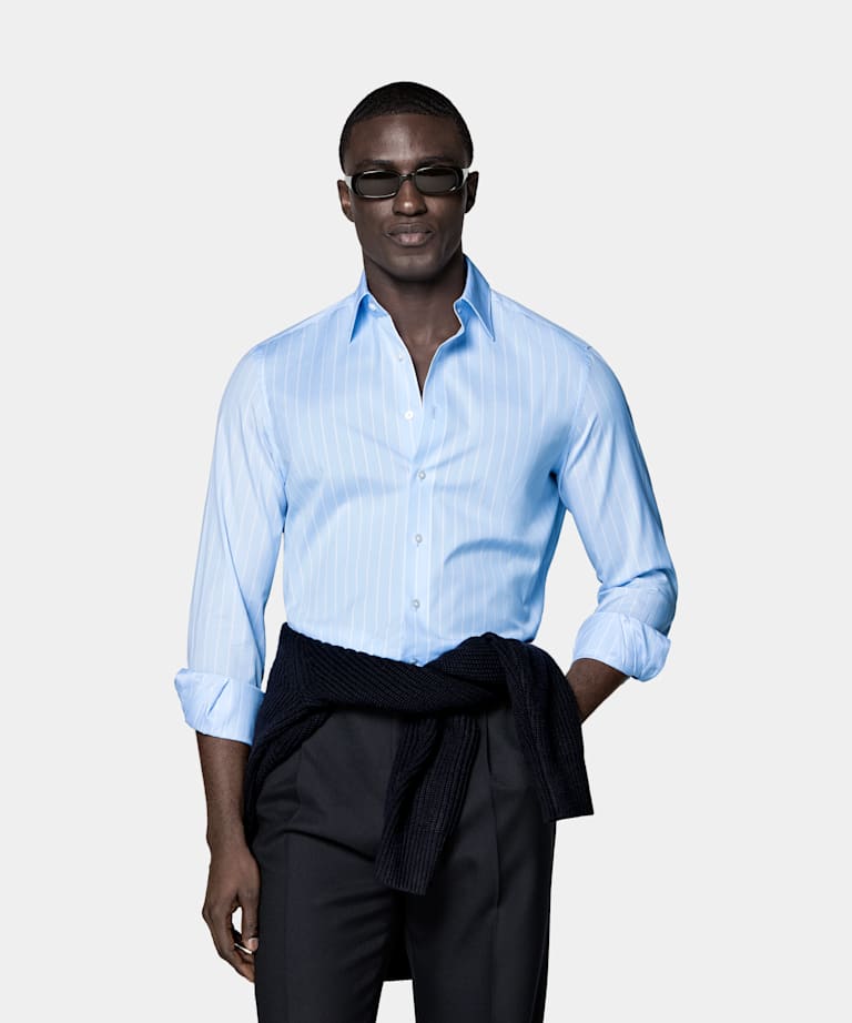 SUITSUPPLY Coton &eacute;gyptien - Albini, Italie Chemise &agrave; col classique ray&eacute;e bleu clair