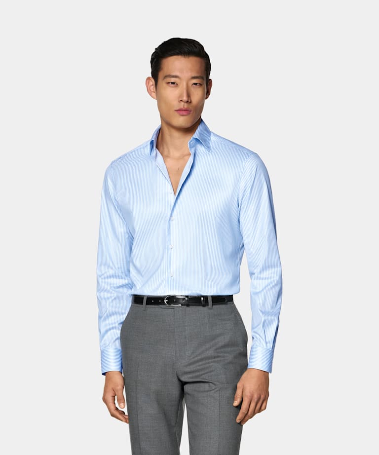 SUITSUPPLY Wrinkle-Free Pima Cotton by Weba, Switzerland Mid Blue Striped Widespread Collar Shirt