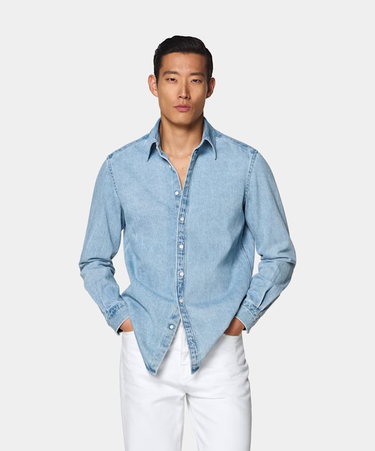 SUITSUPPLY Egyptian Cotton by Sidogras, Spain Light Blue Denim Shirt