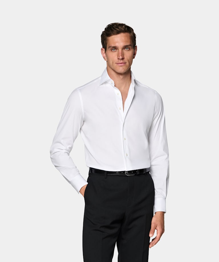 SUITSUPPLY Stretch Cotton Blend by Sidogras, Spain Off-White Classic Collar Shirt