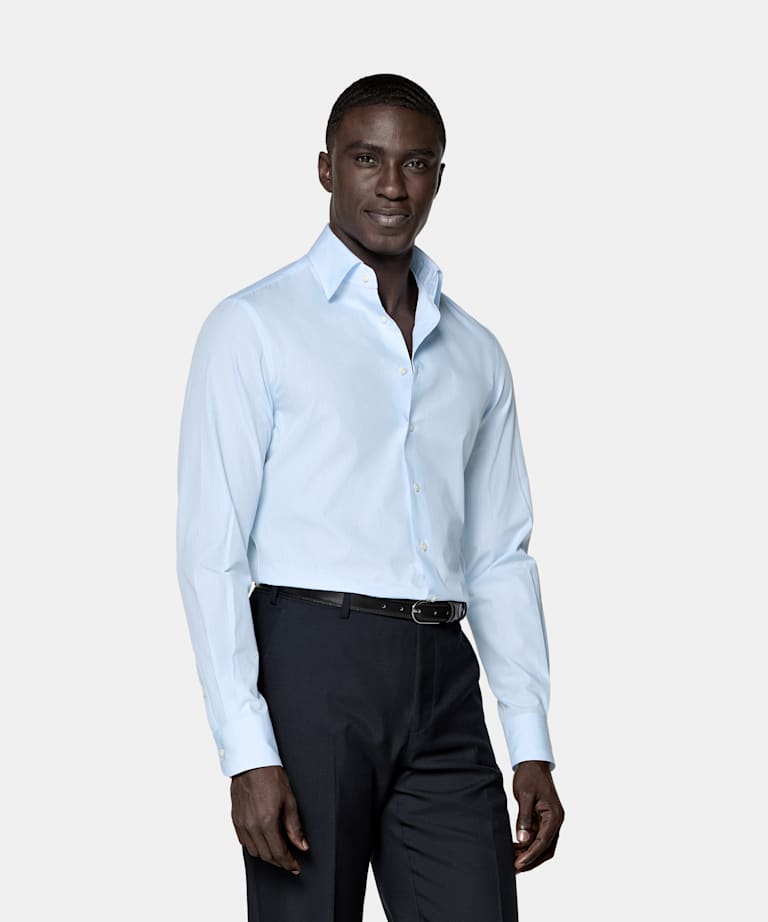SUITSUPPLY Pure Cotton by Sidogras, Spain Mid Blue Checked Classic Collar Shirt