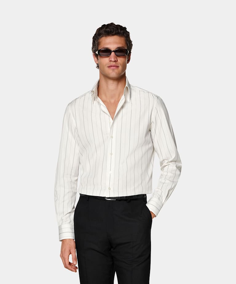 SUITSUPPLY Egyptian Cotton by Thomas Mason, Italy Black Striped Point Collar Shirt