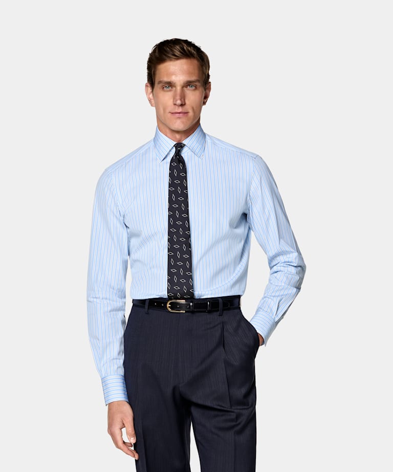 SUITSUPPLY Egyptian Cotton by Thomas Mason, Italy Light Blue Striped Classic Collar Shirt
