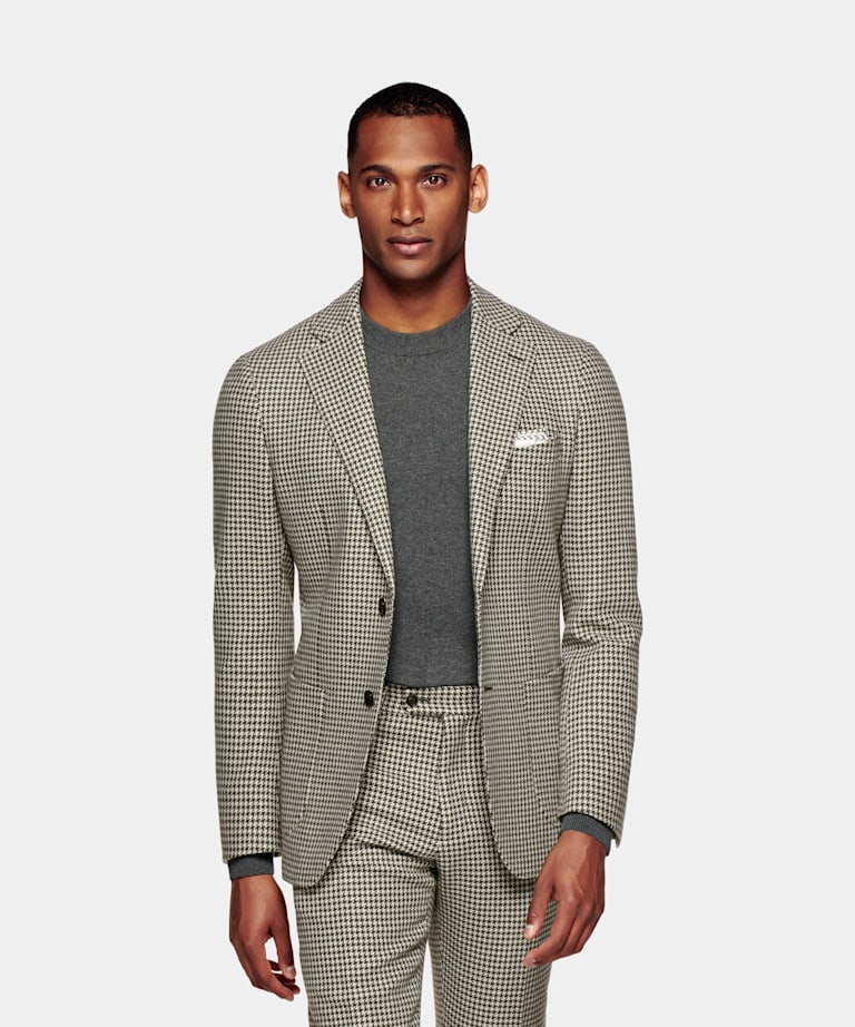 Mid Green Houndstooth Havana Suit | Alpaca Wool Linen Polyester Three ...