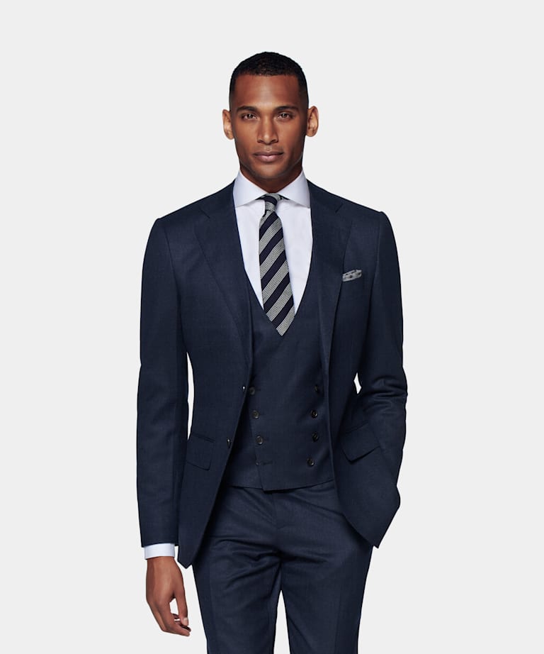 SUITSUPPLY Pure S120's Flannel Wool by Vitale Barberis Canonico, Italy Mid Blue Three-Piece Lazio Suit
