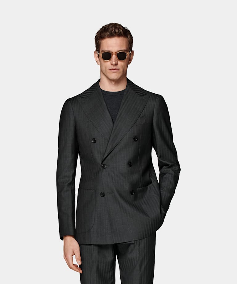 SUITSUPPLY Wool Silk Solaro by Delfino, Italy Dark Grey Herringbone Perennial Havana Suit