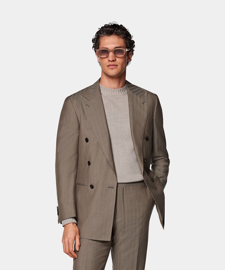 SUITSUPPLY All season Schurwolle Seide by Rogna, Italien Havana Perennial Anzug taupe Fischgrätmuster Tailored Fit