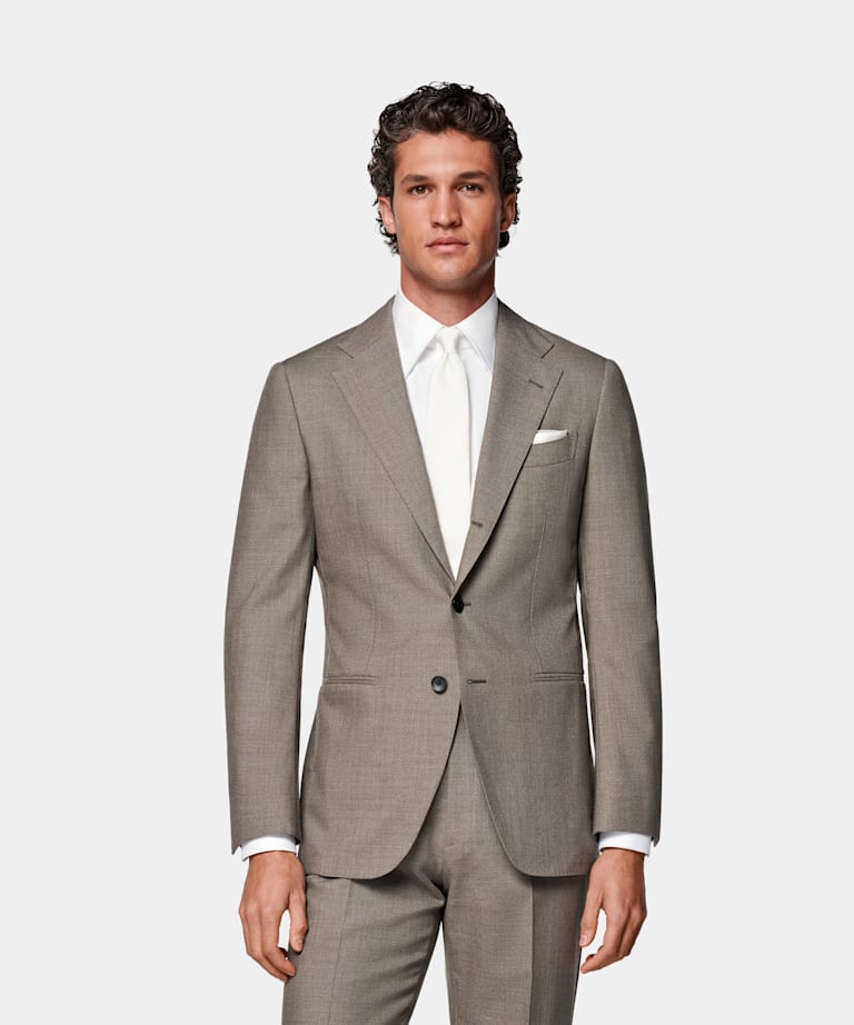 SUITSUPPLY All Season Pure 4-Ply Traveller Wool by Rogna, Italy Taupe Tailored Fit Havana Suit