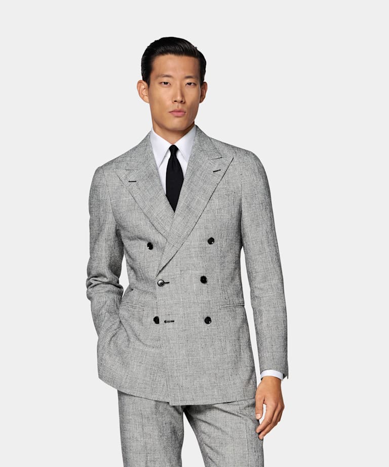 SUITSUPPLY Verano Lino y poliamida de Ferla, Italia Traje Havana negro a cuadros corte Tailored