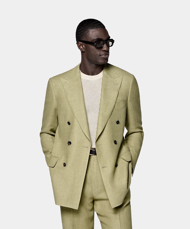 SUITSUPPLY Summer Linen Silk by Beste, Italy Light Green Tailored Fit Milano Suit