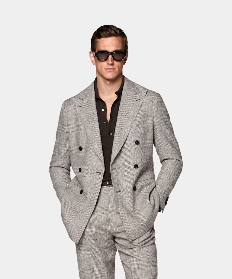 SUITSUPPLY Summer Linen Wool Silk Blend by Ferla, Italy Mid Brown Checked Tailored Fit Havana Suit