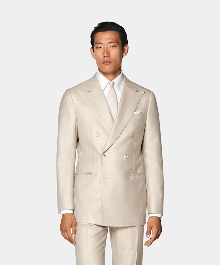 SUITSUPPLY Estate Lana, seta e lino - Rogna, Italia Abito Havana color sabbia spina di pesce tailored fit