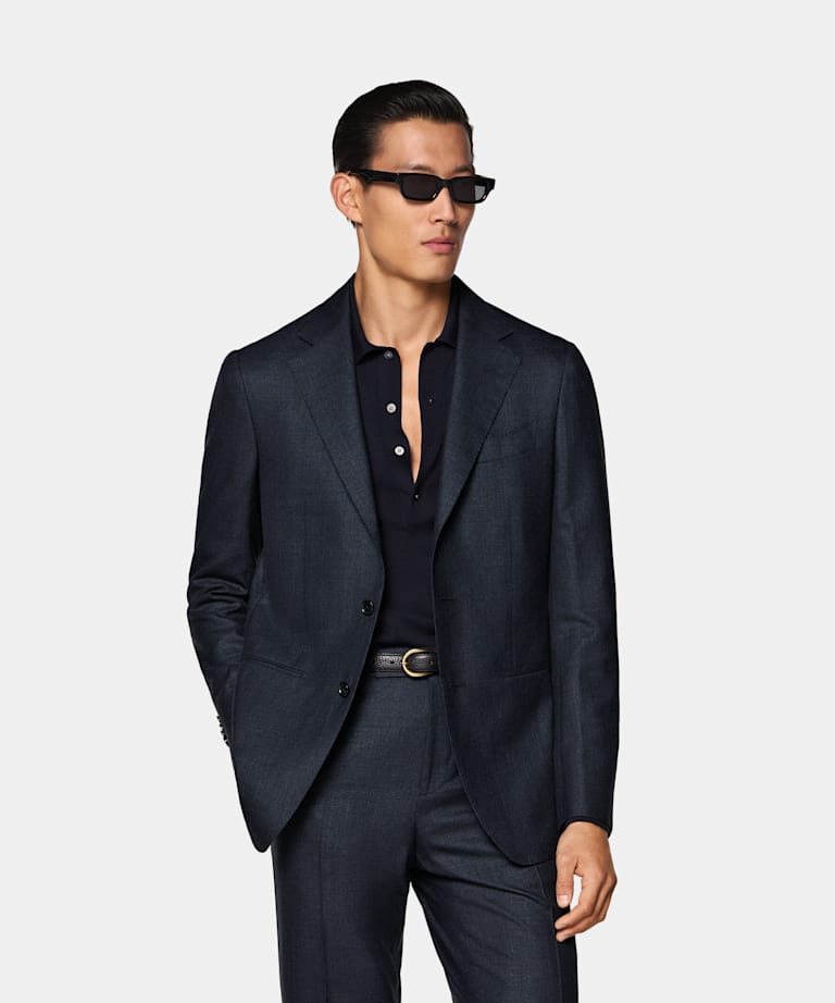 SUITSUPPLY Summer Wool Silk Linen by E.Thomas, Italy Navy Checked Tailored Fit Havana Suit