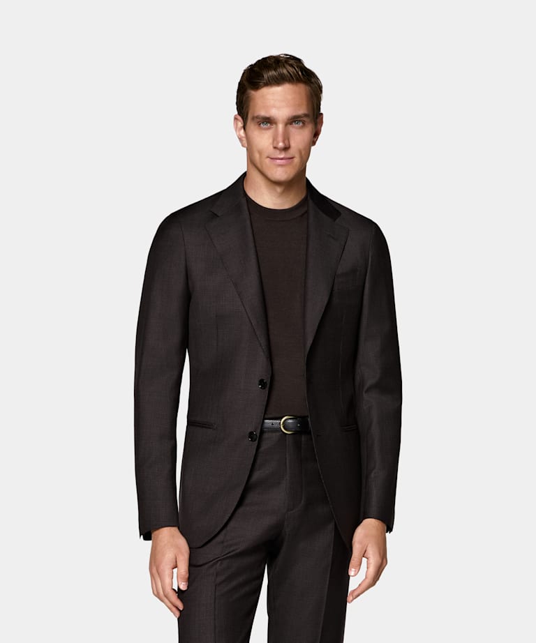 SUITSUPPLY All Season Pure S130's Wool by Reda, Italy Dark Brown Houndstooth Tailored Fit Havana Suit