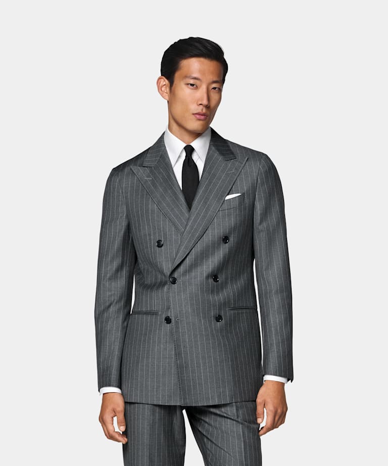 SUITSUPPLY All Season Pure S110's Wool by Vitale Barberis Canonico, Italy Mid Grey Striped Tailored Fit Havana Suit